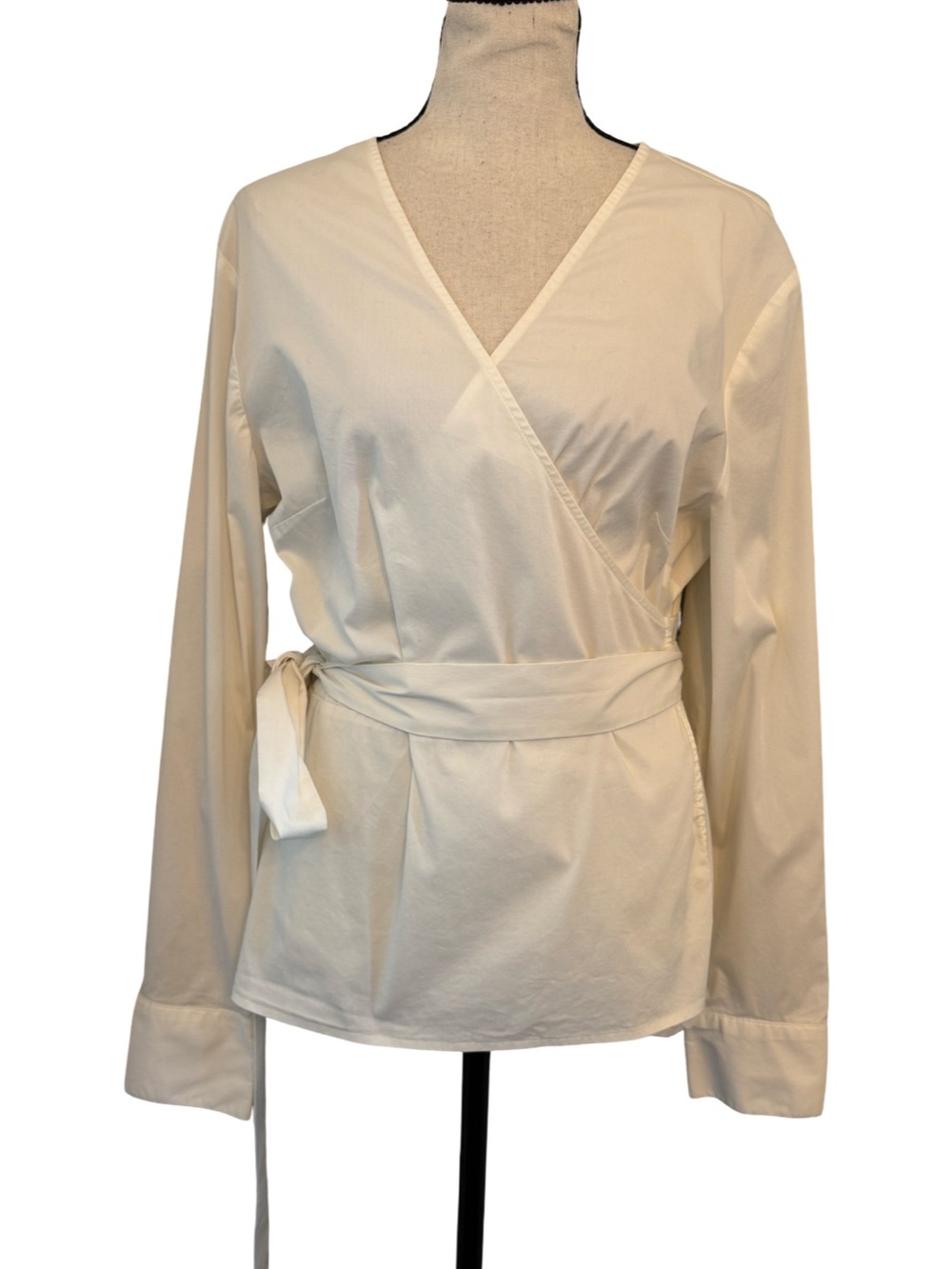 Marilyn Monroe White Wrap Blouse Top XL Cotton Blend Long Sleeve Tie Waist